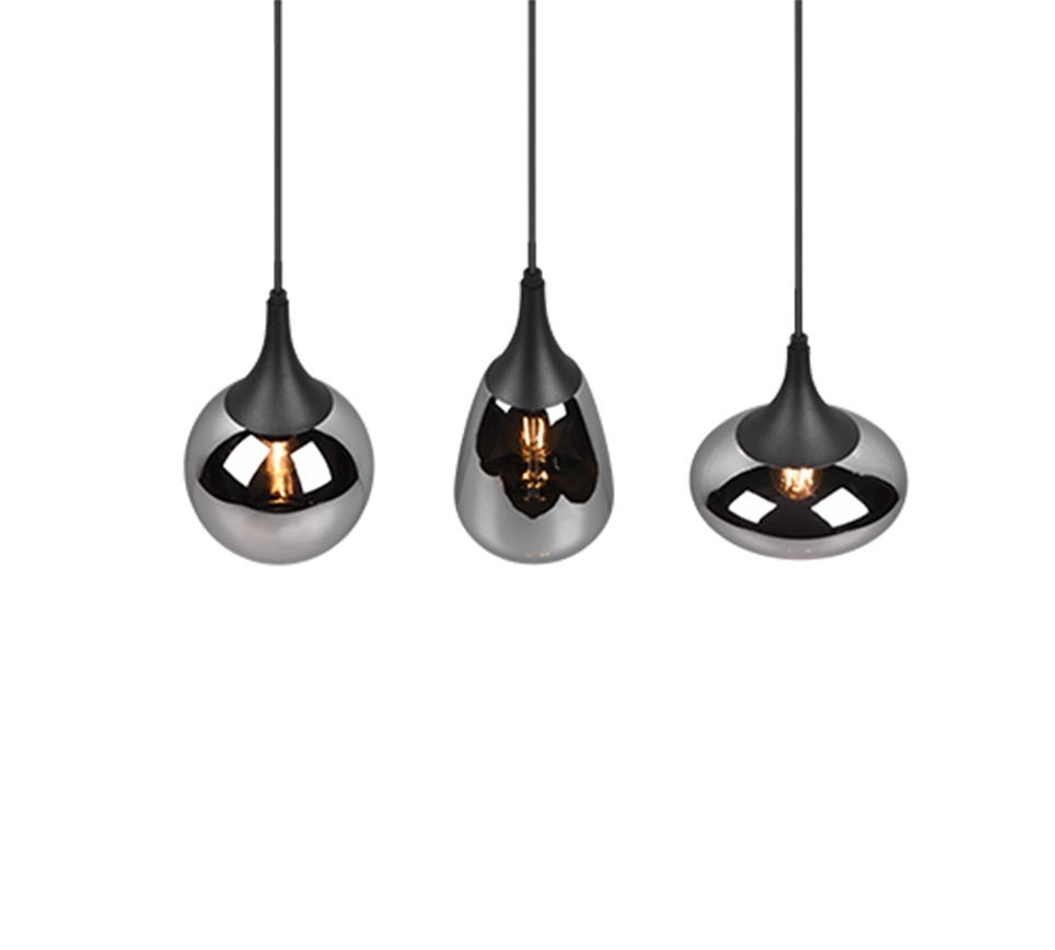 Lampada a sospensione 3 diffusori, metallo, nero e fumé, L 68 cm, Lumina