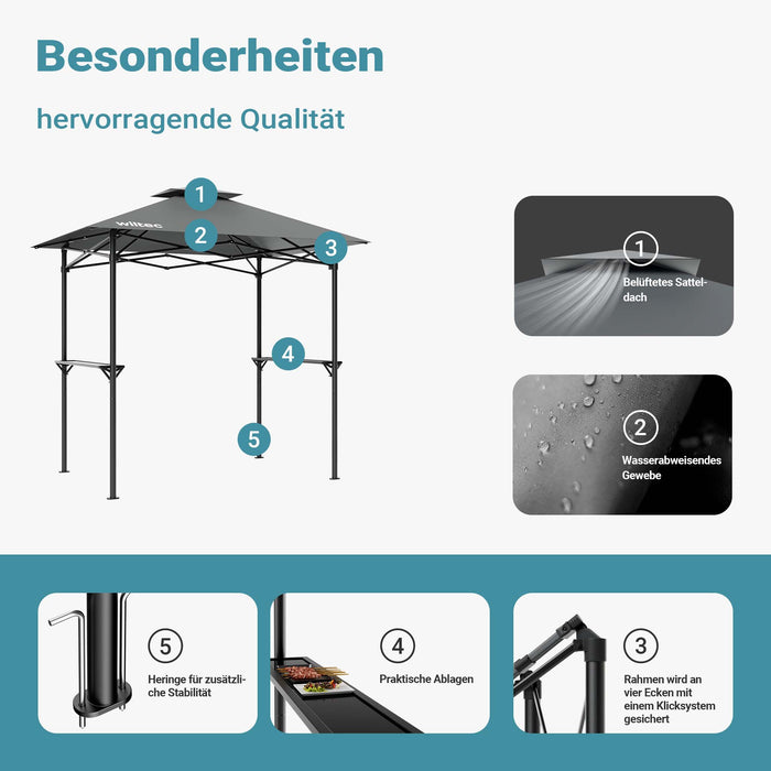 Gazebo per barbecue grigio 2,45 x 1,52 m con telone di copertura e due ripiani