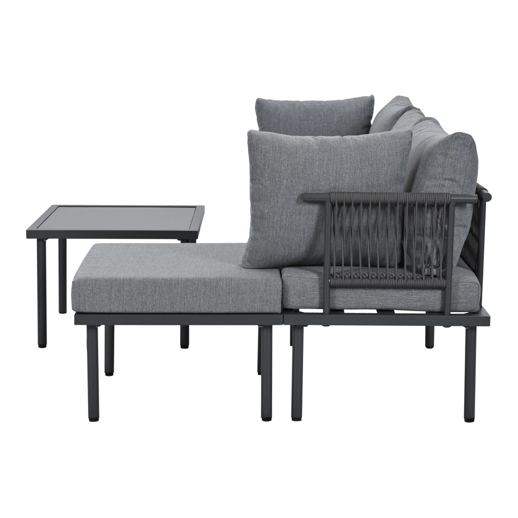 Set Divano da Giardino con Tavolino e Pouf ¨C MINIMAL ¨C Polyrattan, Acciaio, Vetro, Grigio/Nero