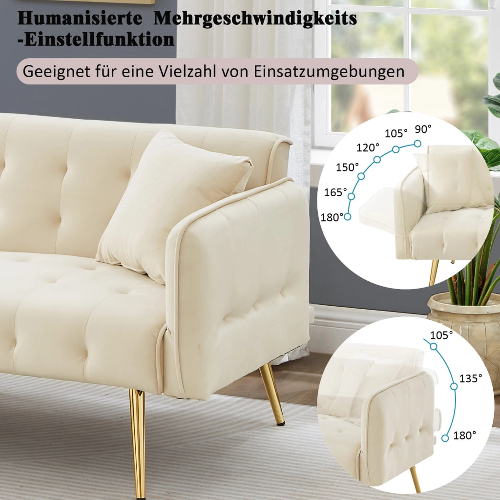 Divano letto a 2 posti convertibile 215x81;5 cm in velluto beige con schienale regolabile