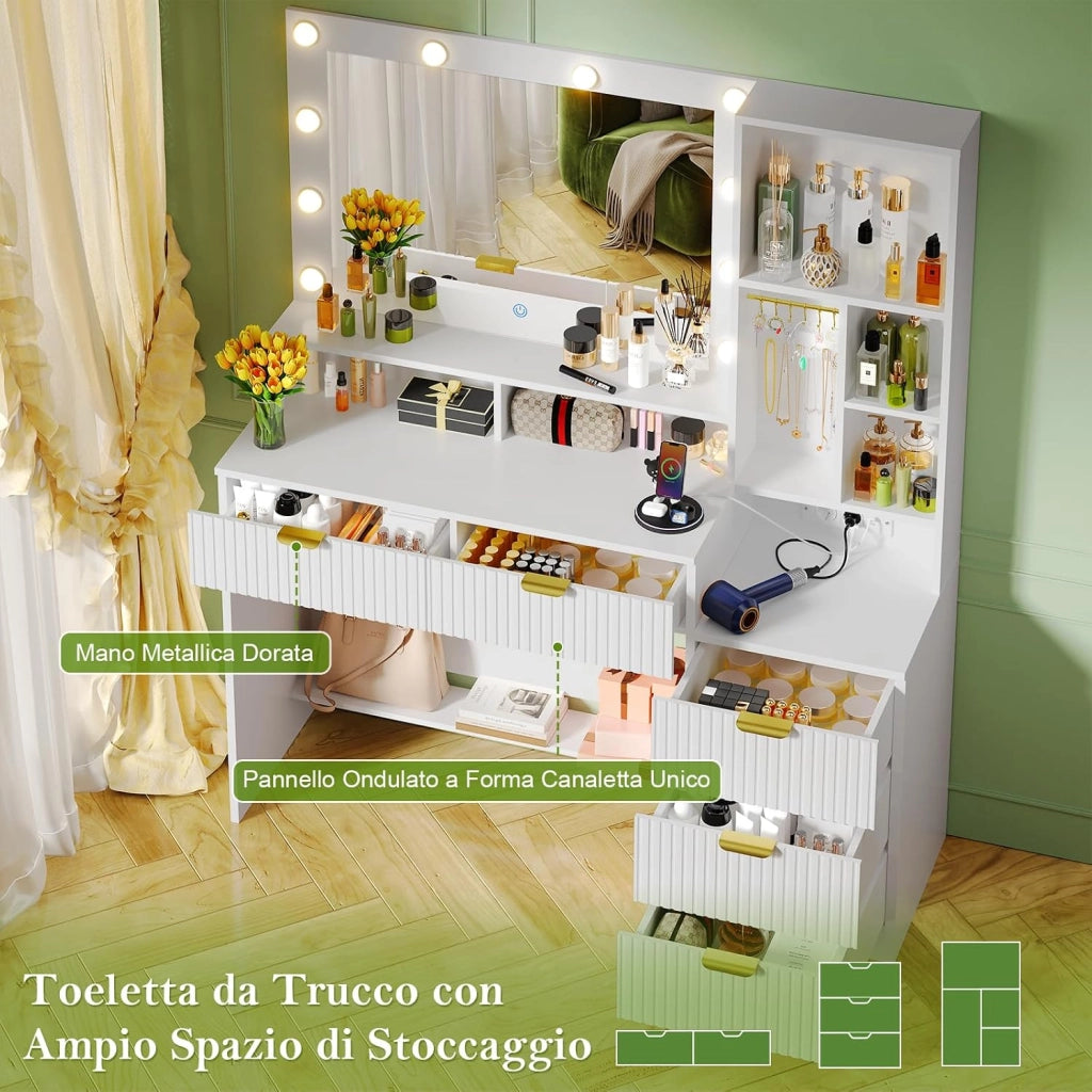 Toeletta da Trucco con 10 Luce LED,Tavolo da Trucco con Specchio e Prese,Postazione Trucco con 5 Cassetti,Ripiani Aperti e Ganci per Gioielli,Moderno (Bianco)