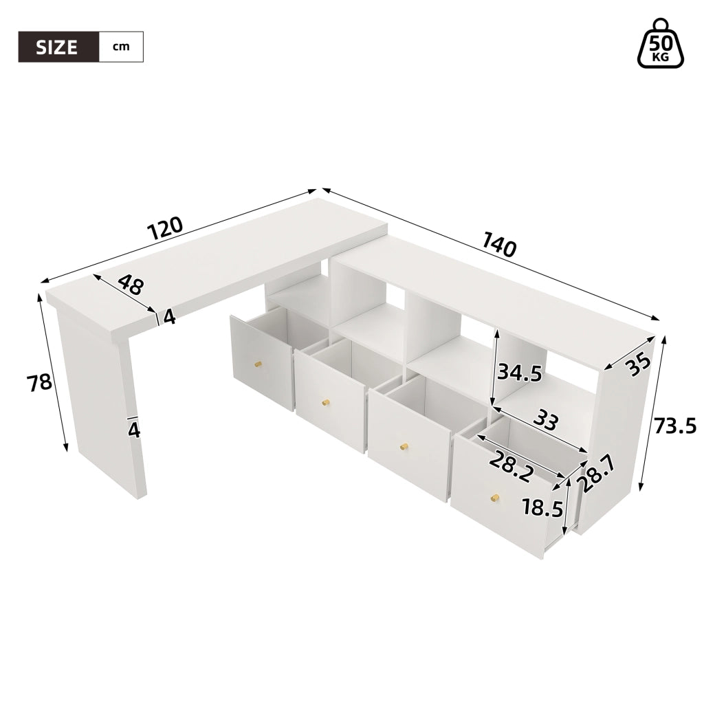 Scrivania con 4 vani aperti e 4 cassetti; piano girevole 360 gradi - per ufficio - in MDF - bianco
