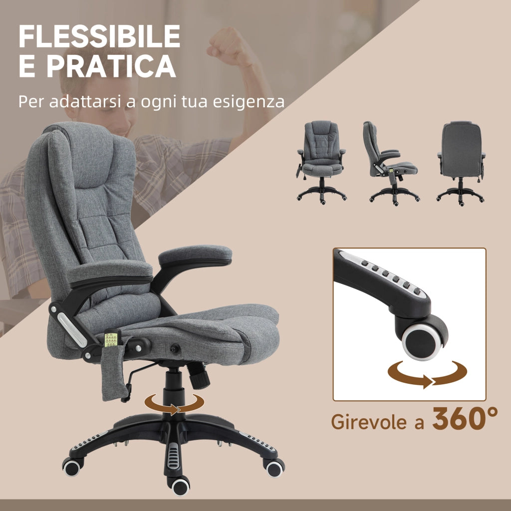 EasyComfort Sedia da Ufficio Massaggiante a 6 Punti Vibrante con Funzione Dondolo e Riscaldata, Poltrona Ufficio Reclinabile con Altezza Regolabile, Telecomando e Tasca Laterale in Tessuto, Grigio