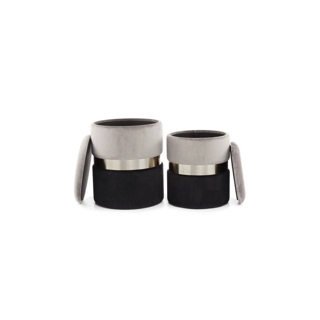 Set 2 Pouf Contenitore Zora in Velluto Grigio e Acciaio