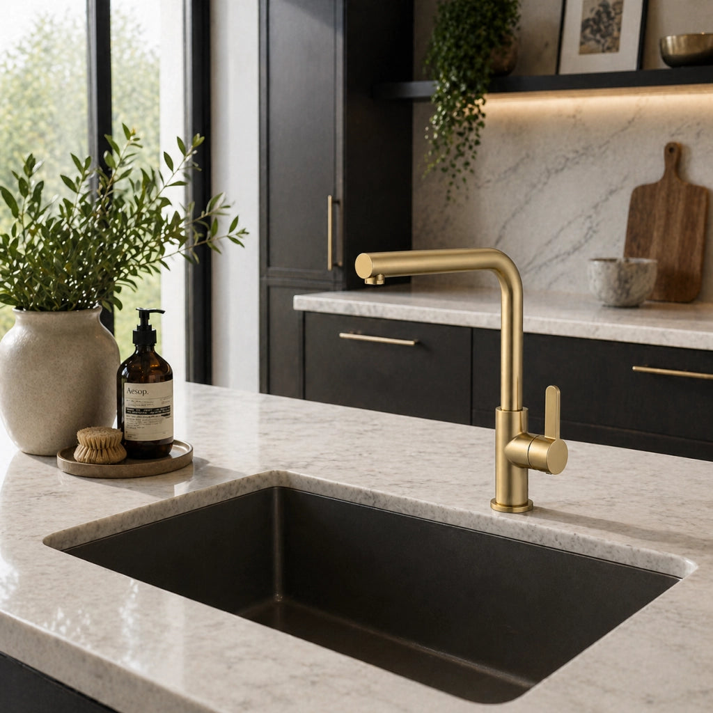Rubinetto Cucina Oro Satinato Canna Alta Quadrata Girevole Miscelatore Lavello 94029