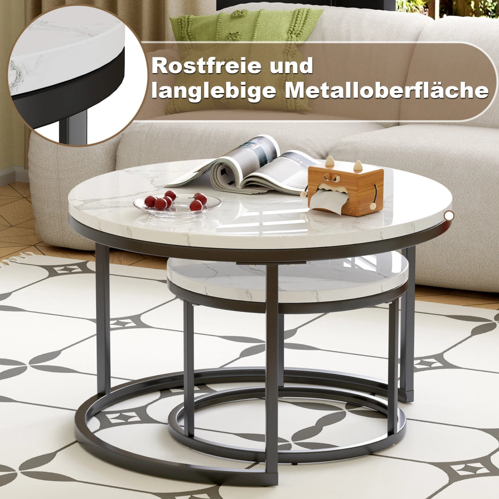 TAVOLINI DA CAFFÈ Set 2 Pezzi 70x70x45 cm Effetto Marmo Bianco con Struttura Nera