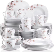 Set di Cucina - 60 pezzi - 12 Piatti grandi - 12 Piatti piccoli - 12 Piatti per zuppa - 12 Ciotole - 12 Tazze - 12 Scodelle - Bianco - Fiori