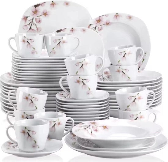 Set di Cucina - 60 pezzi - 12 Piatti grandi - 12 Piatti piccoli - 12 Piatti per zuppa - 12 Ciotole - 12 Tazze - 12 Scodelle - Bianco - Fiori