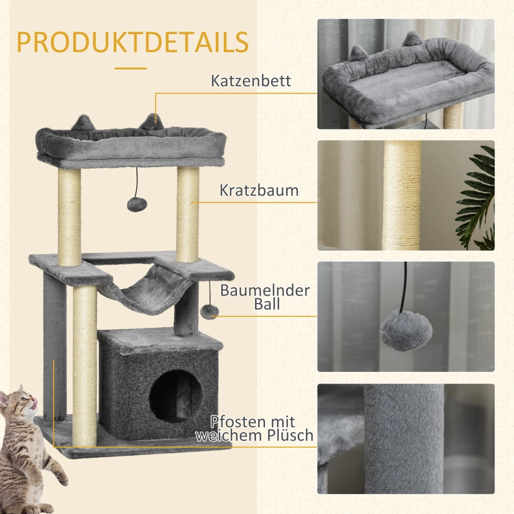Tiragraffi per Gatti 90cm ¨C Xylo ¨C con Amaca, Grotta, Piattaforme, Pali in Sisal, Grigio