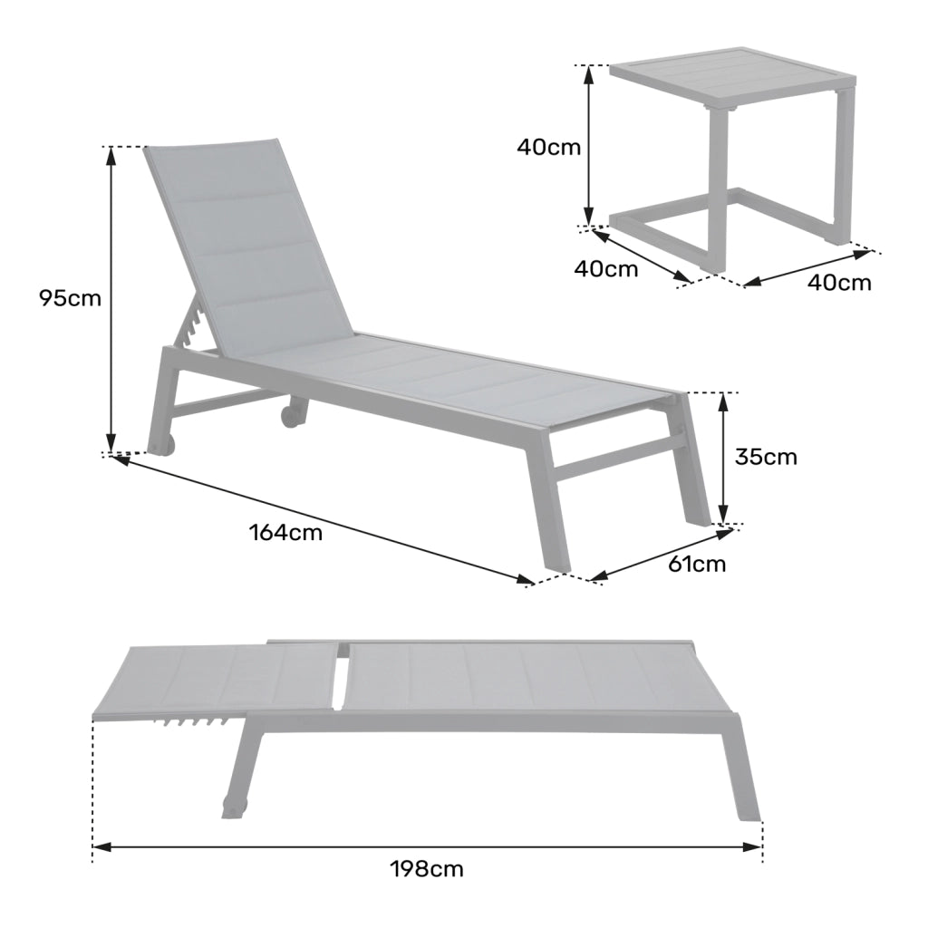 Set di 2 lettini BARBADOS in textilene grigio eTavolino - alluminio grigio antracite