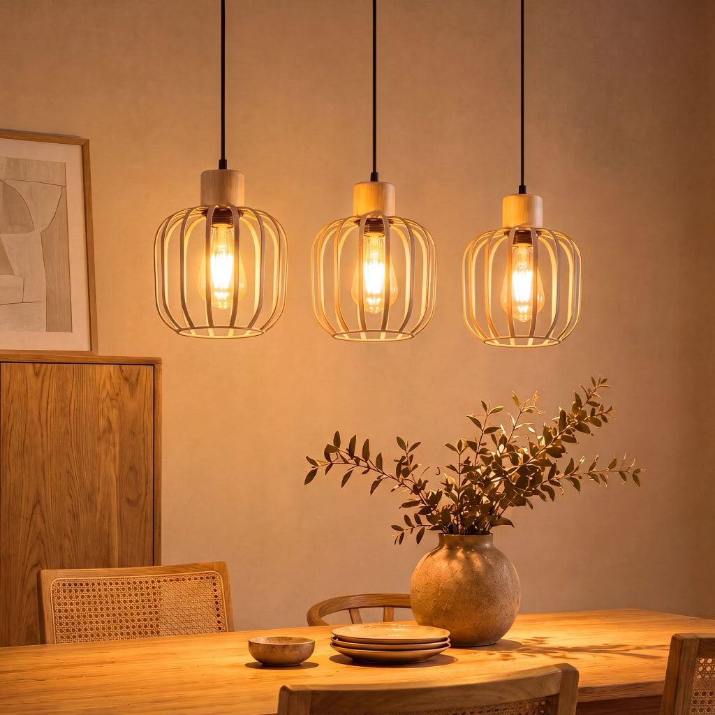ZMH Lampada a Sospensione 3 Luci Grigio Legno E27 Moderna per Cucina Isola Soggiorno Camera Senza Lampadina