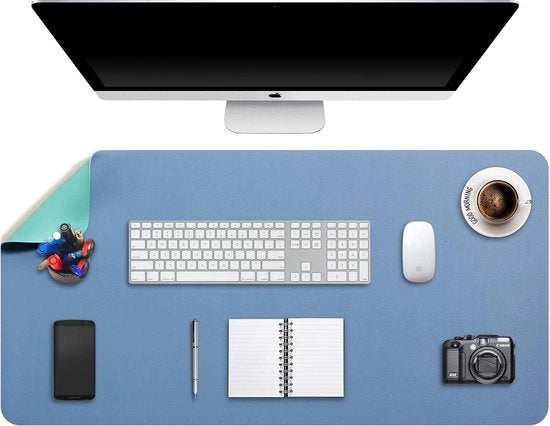 Matrice per scrivania XXL, grande matrice per scrivania, supporto per laptop, supporto per scrivania, blocco per scrivere, doppio uso, materiale PU, impermeabile, 90 x 43 cm, acciaio blu/grigio