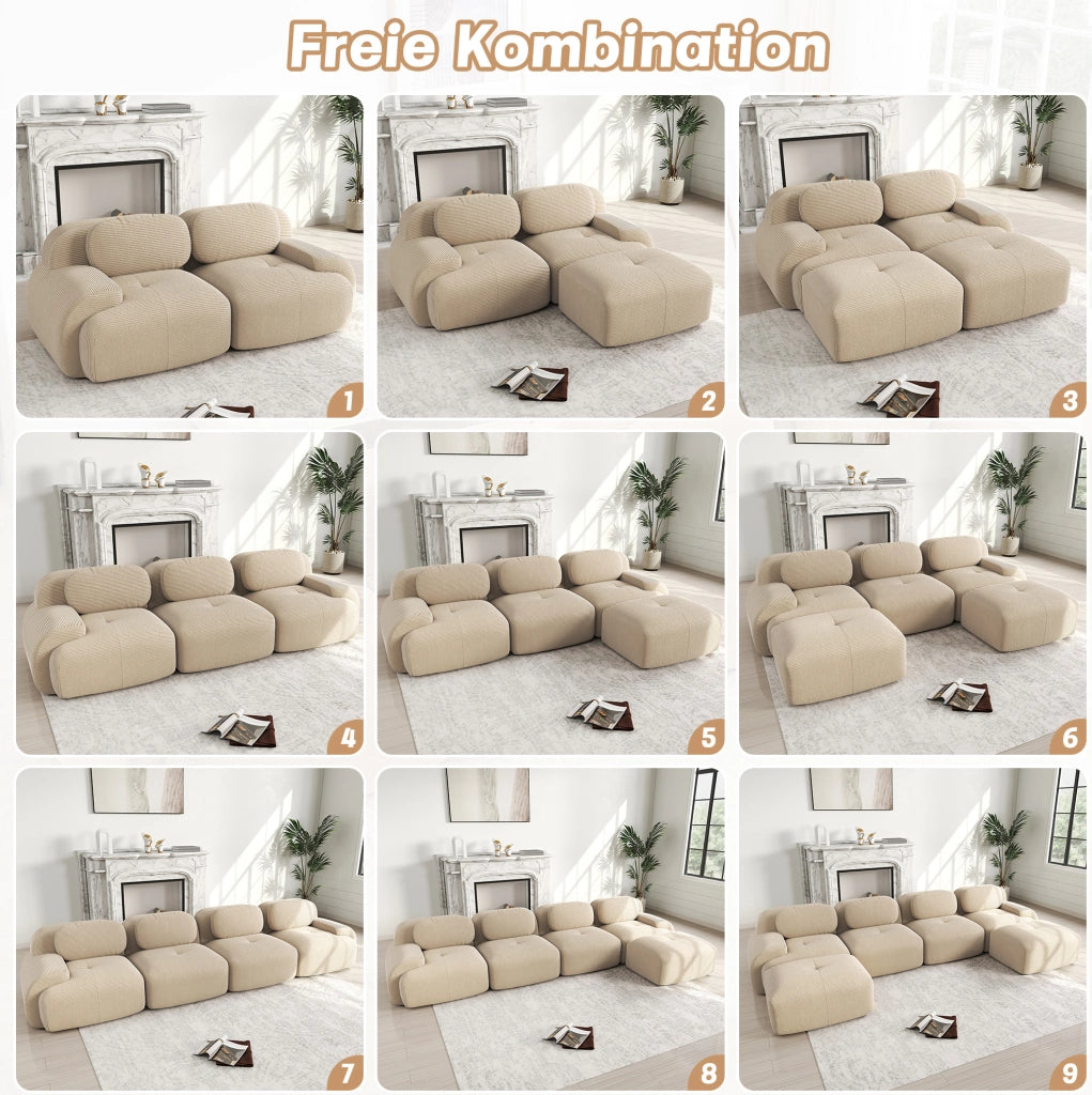 Divano angolare modulare senza telaio in velluto a coste; schiuma 32D; beige