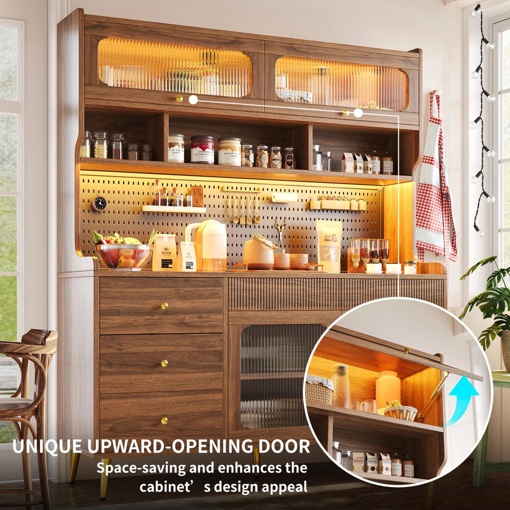 Credenza alta con LED e controllo da app, porta a ribalta, 2 ante e vani interni, per soggiorno e cucina, noce