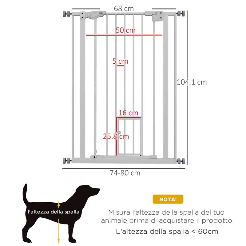CANCELLINO PER CANI REGOLABILE ALTO CON PORTA PICCOLA E CHIUSURA AUTOMATICA 74-80X104CM BIANCO