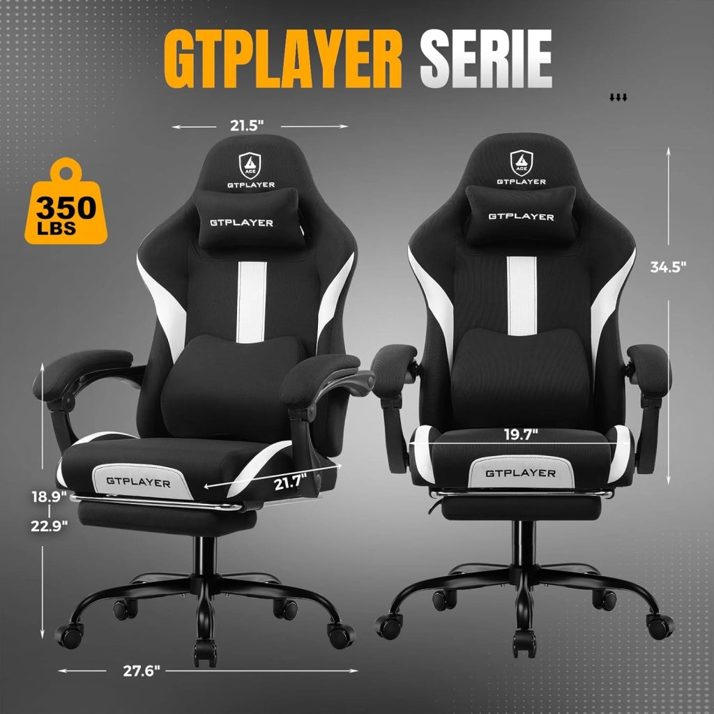 Sedia da gioco, sedia da ufficio, traspirante, in tessuto di alta qualità, ergonomica, sedia da scrivania, regolabile e girevole con poggiapiedi, nero