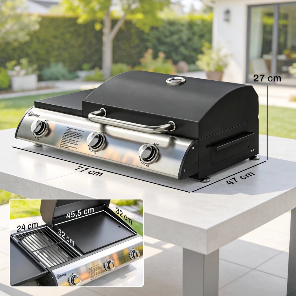 Barbecue a Gas con 3 Bruciatori 7,5 kW ¨C zephmum ¨C Griglia Piana, Ripiano Laterale, Nero