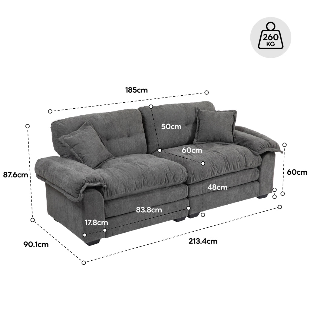 Divano lineare 2 posti con seduta profonda e cuscini a doppio strato in chenille nero