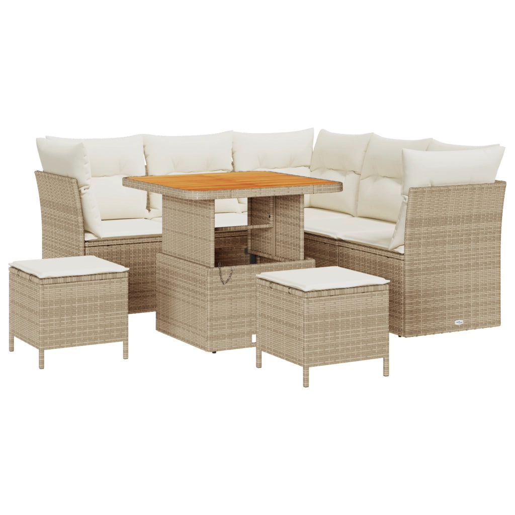 Set divano da giardino da 8 pezzi con cuscini beige in polirattan acacia