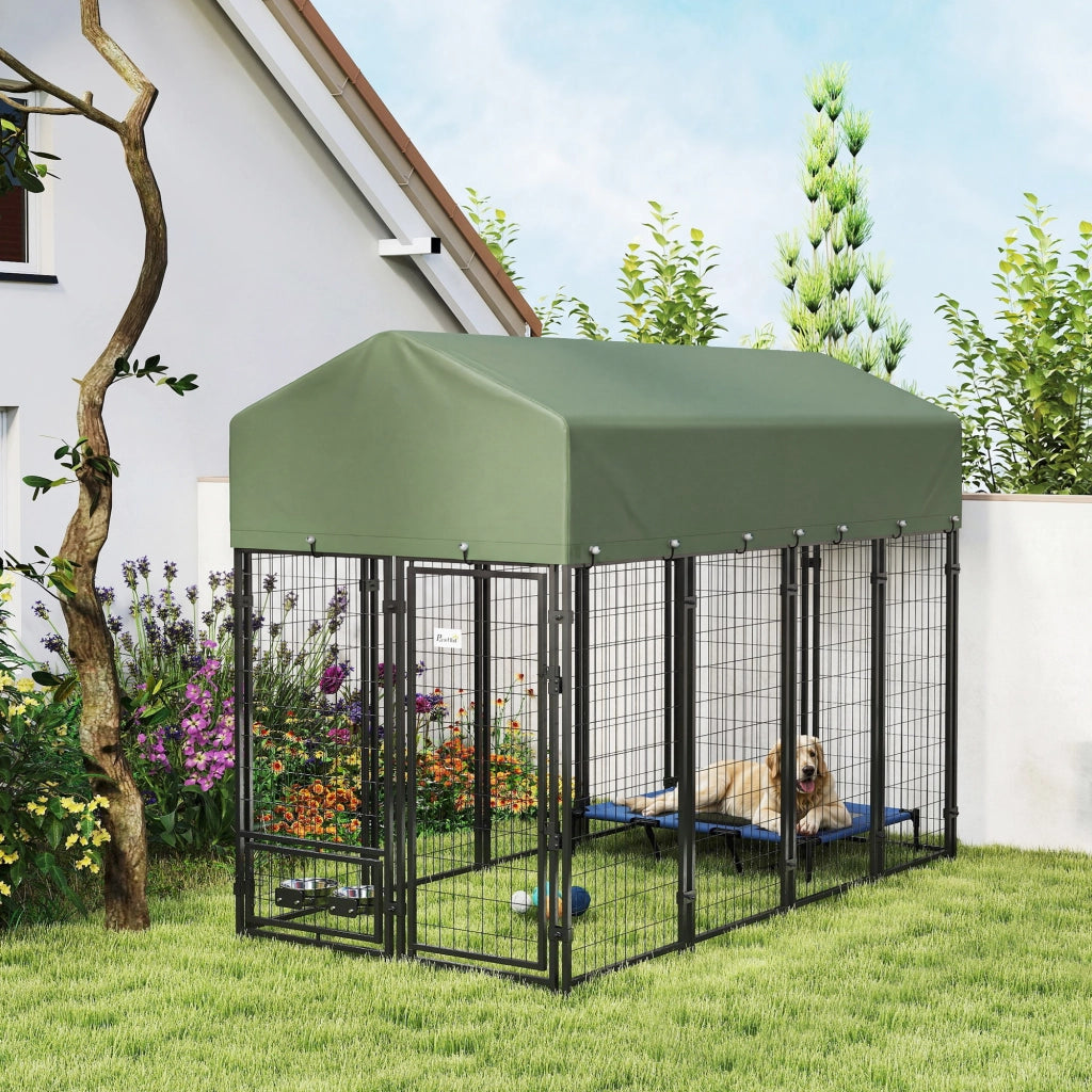 Recinto per Cani da Esterno in Acciaio con Tetto ¨C Zephmum ¨C Verde, Acciaio