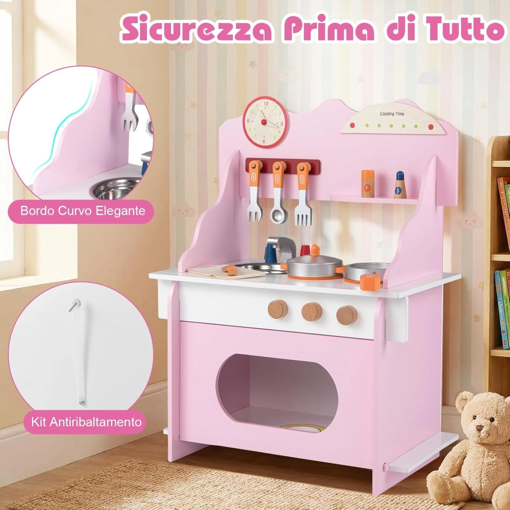 Cucina Giocattolo in Legno per Bambini, Set Gioco di Finzione con Orologio, Fornello, Porta Spezie e Accessori Completi, per Bambini 3+ Anni, 52 x 29,5 x 71 cm (Rosa + Bianco)