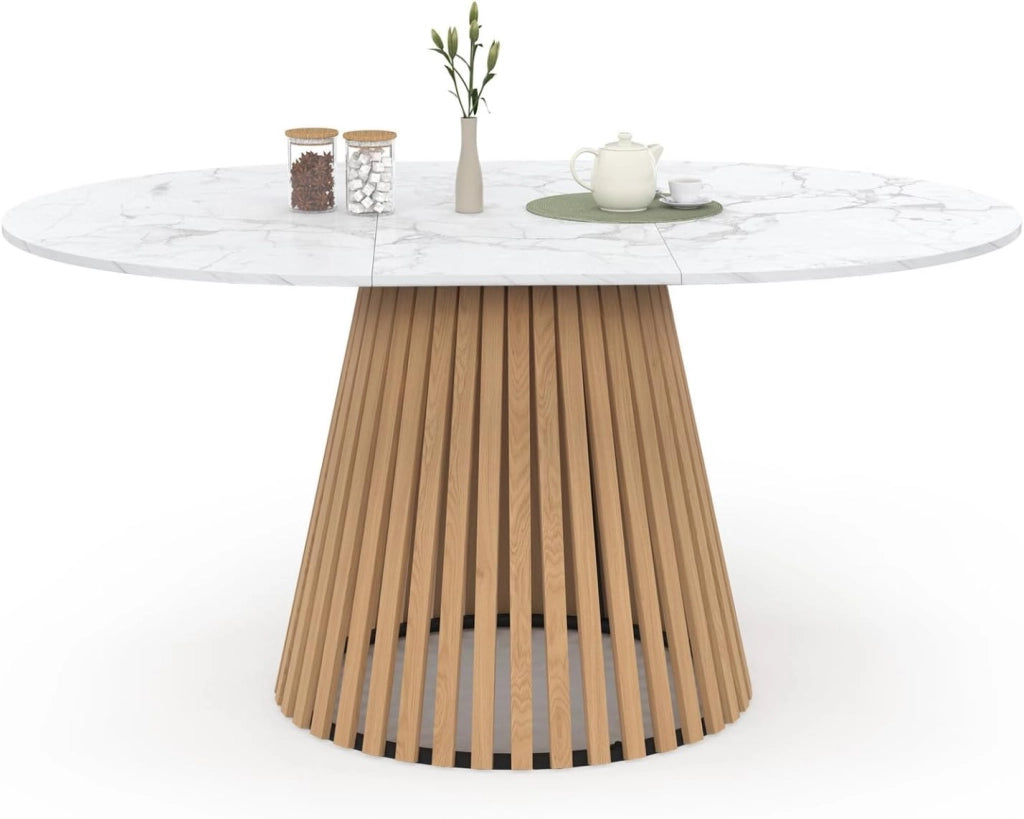 Tavolo da Pranzo Allungabile Rotondo Carmen 4-8 Persone, Piedi in Legno di Larice e Piano in Marmo Bianco Alaska 110-150 cm