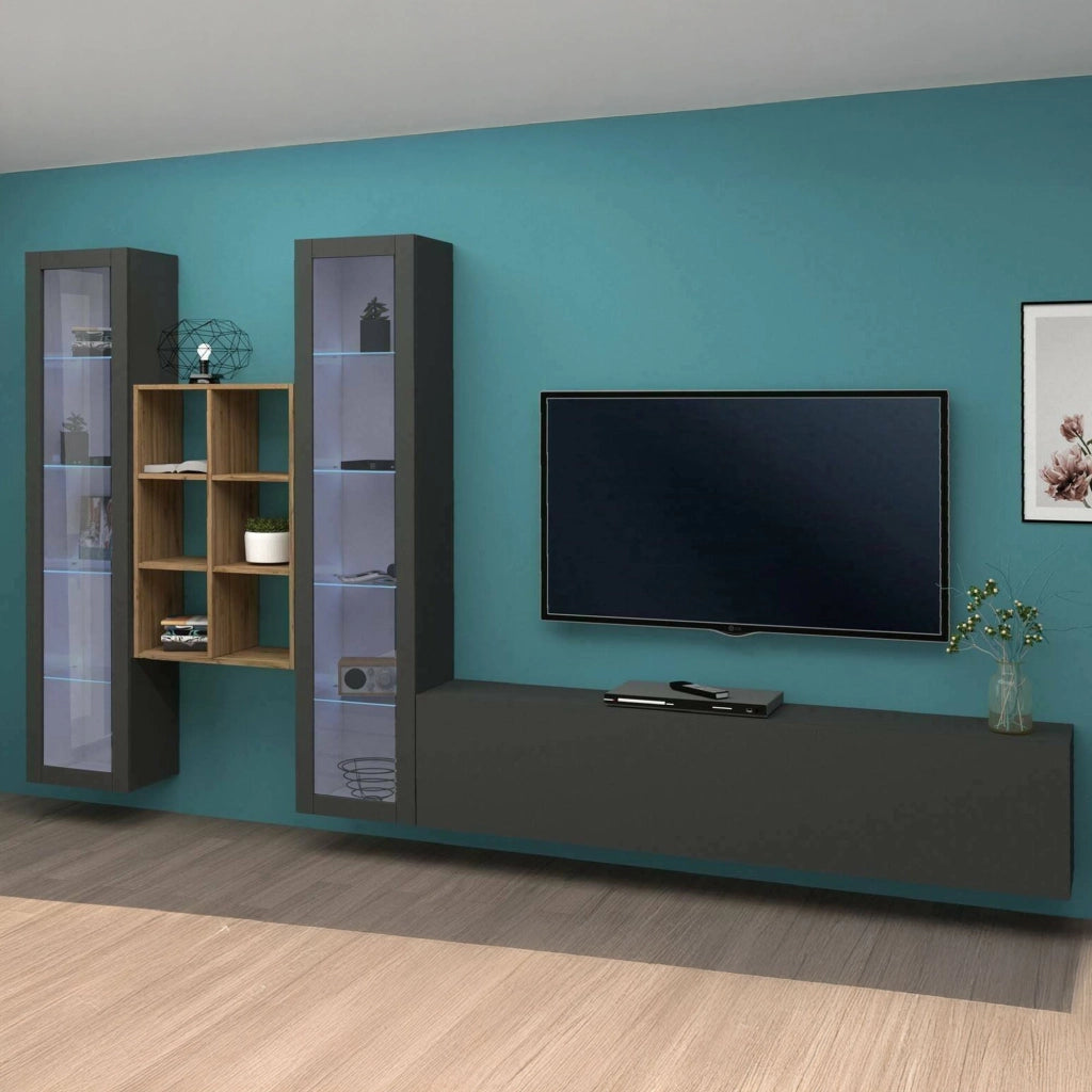 Mobile Soggiorno Lome, Parete Attrezzata 15 Ripiani Made in Italy, 320x30x180h cm Nero Antracite