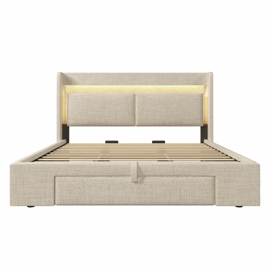 Letti contenitori 180x200 cm con testiera LED e USB; lino beige (Senza materasso)