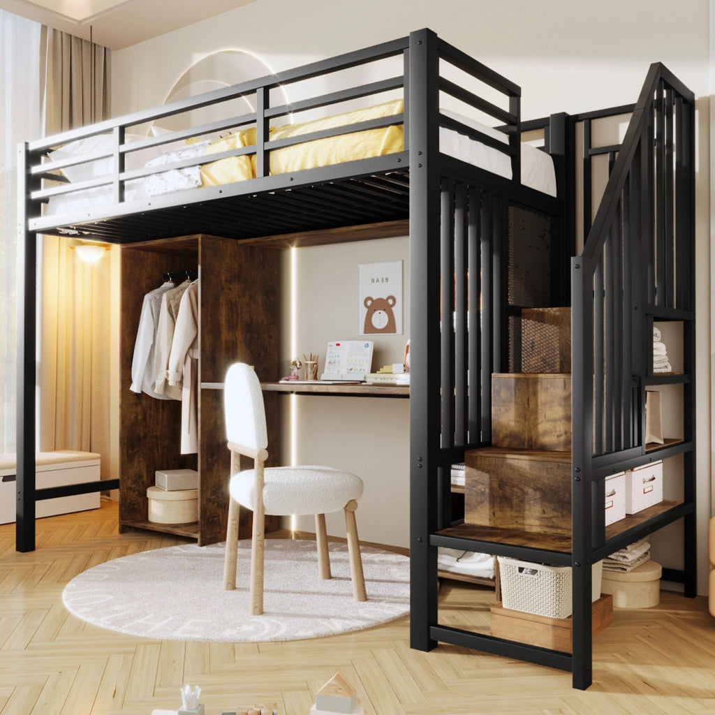 LETTO A SOPPALCO 90 x 200 cm Nero con armadio, scrivania e vani contenitore
