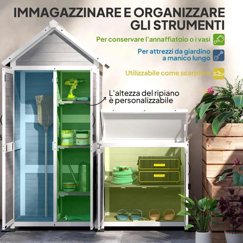 Set 2 Armadi Porta Attrezzi da Esterno Porte con Blocco in Legno di Abete Grigio Chiaro