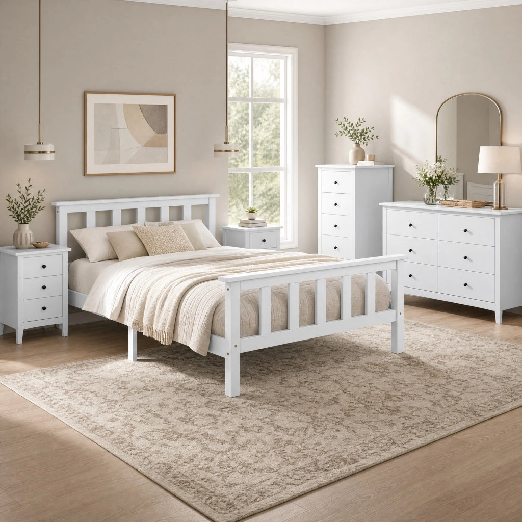 Letto singolo in legno massello 90x200 cm con rete a doghe, bianco, design minimalista