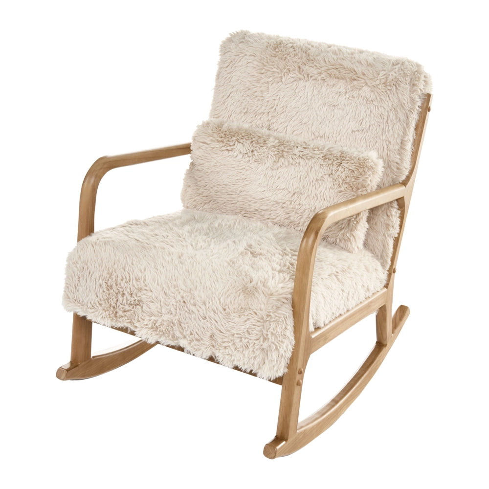 Sedia a dondolo con braccioli e cuscino Gambe in legno di gomma e rivestimento in finta pelliccia beige chiaro Soggiorno classico tradizionale