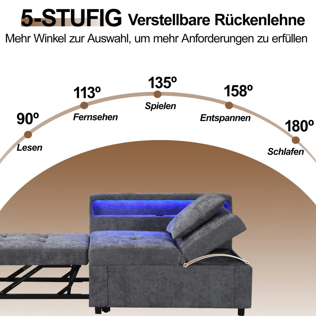 Divano letto 3 in 1 con schienale reclinabile; USB e LED; in lino; grigio chiaro