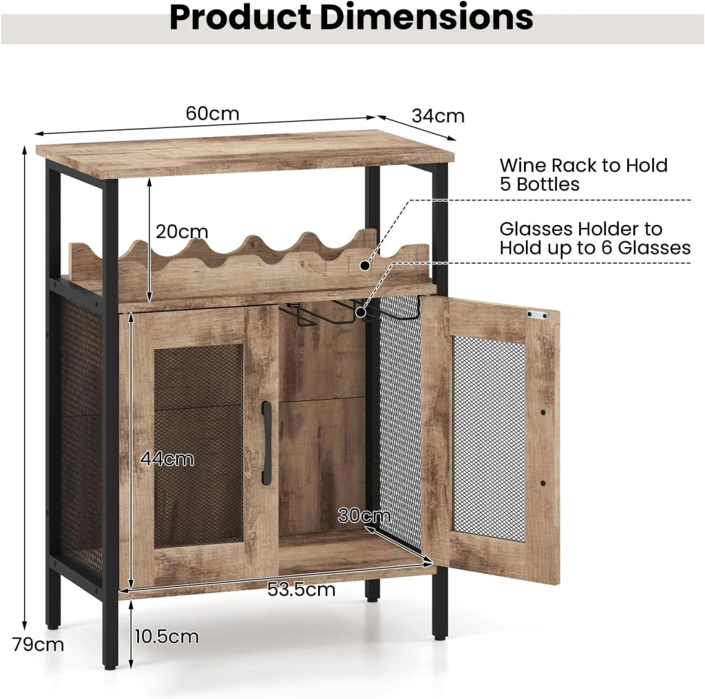 Cantinetta Porta Bottiglie da Vino, Credenza Industriale con 5 Portabottiglie Rimovibili, con Porta in Metallo a Rete Metallica, 60x34x79cm (Grigio)