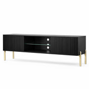 Mobile TV Moderno Con Due Ante Battenti Vano Centrale A Giorno Ripiano Vetro Passacavi Posteriori Melaminico Per Soggiorno Design Living Contemporaneo 135 X 31 X 47 Cm Nero