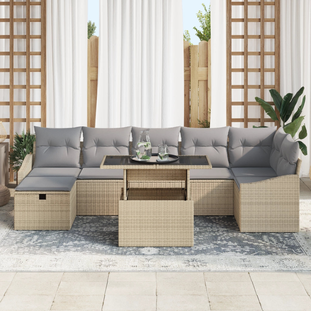 Set di Divani da Giardino da 8 Pezzi con Cuscini Beige in Rattan Poliestere