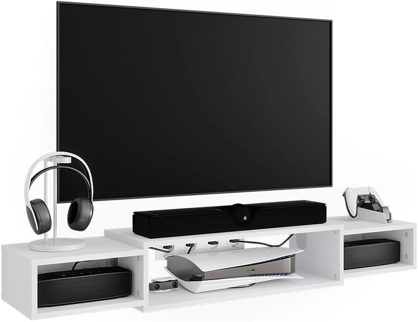 Mobile tv Nordic, Bianco, 139.7 x 20.3 cm con ripiani aperti, adatto al montaggio a parete per una configurazione flessibile degli spazi