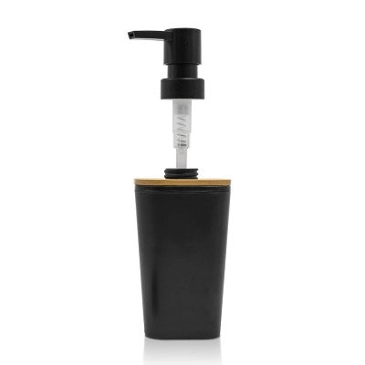 Dispenser sapone in finitura nera opaca con dettagli in bambù