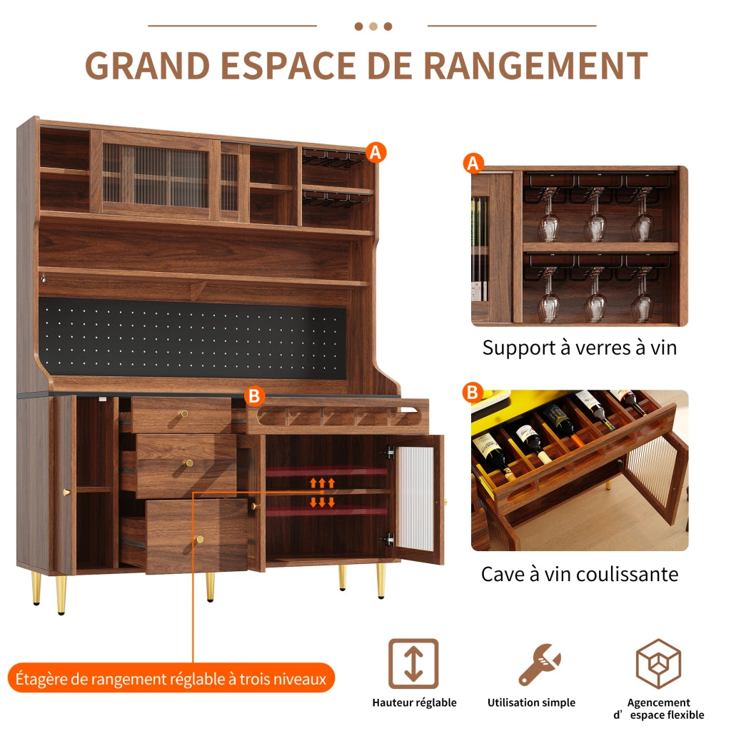 Credenza Alta da Cucina con Ripiani Regolabili; LED USB e Portabicchieri; 145 x 39 x 171 cm