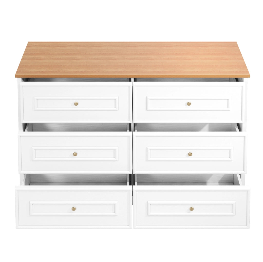 Sideboard 120x40x76 cm con 6 cassetti; motivo rustico; in MDF e truciolato; bianco e naturale