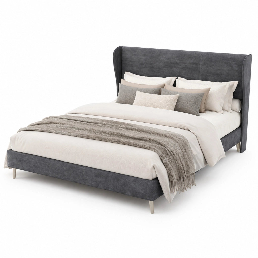 Letto matrimoniale imbottito con testiera in tessuto grigio 160x200 cm