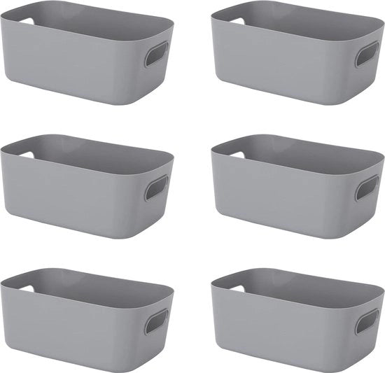 Set di 6 contenitori di plastica con maniglie, organizzatore di cucina rettangolare, contenitore di archiviazione, contenitori di archiviazione per armadi, contenitori di plastica duraturi e stili (grigio)