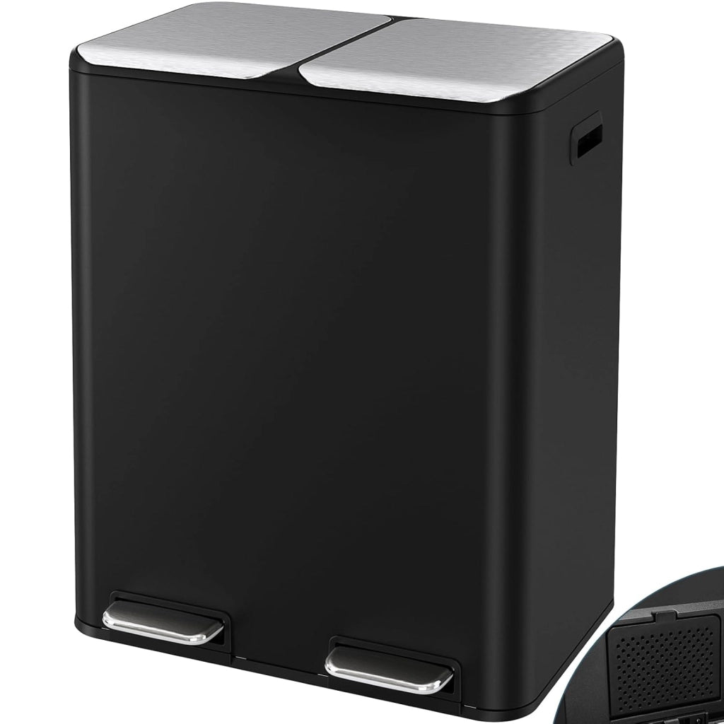 Pattumiera Differenziata 2 Scomparti, 60L Cestino Spazzatura Cucina con Pedale, 2x 30l Secchio Rimovibile, Chiusura Silenziosa, Filtro Antiodore, Pattumiere per Raccolta Differenziata, Nero