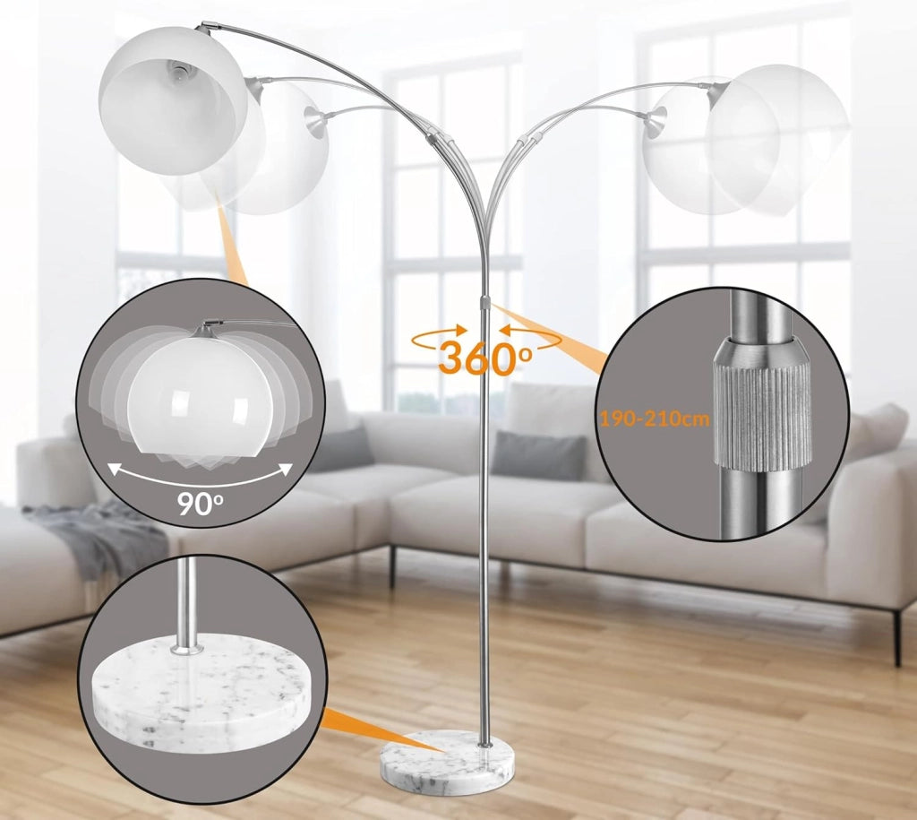 Lampada da Terra Altezza Regolabile 190-210 Base Marmo Acciaio Inox Piantana ad Arco Orientabile Salotto Soggiorno