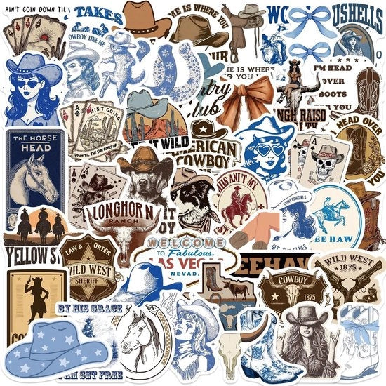Sticker Cowboy 50 pezzi - Set di Sticker in Vinile - Impermeabile - Motivi Creativi - Per Auto/Moto/ bicicletta - Dimensione 5,6-6,1 cm