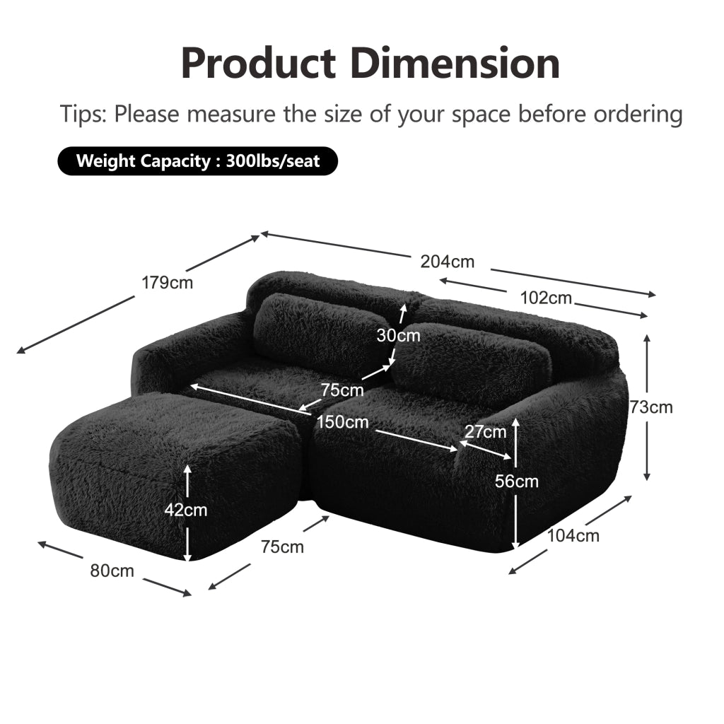 OKWISH Divano Angolare 2 Posti Modulare, Forma Avvolgente con Ottomana Collegabile e Cuscini, Peluche, Nero