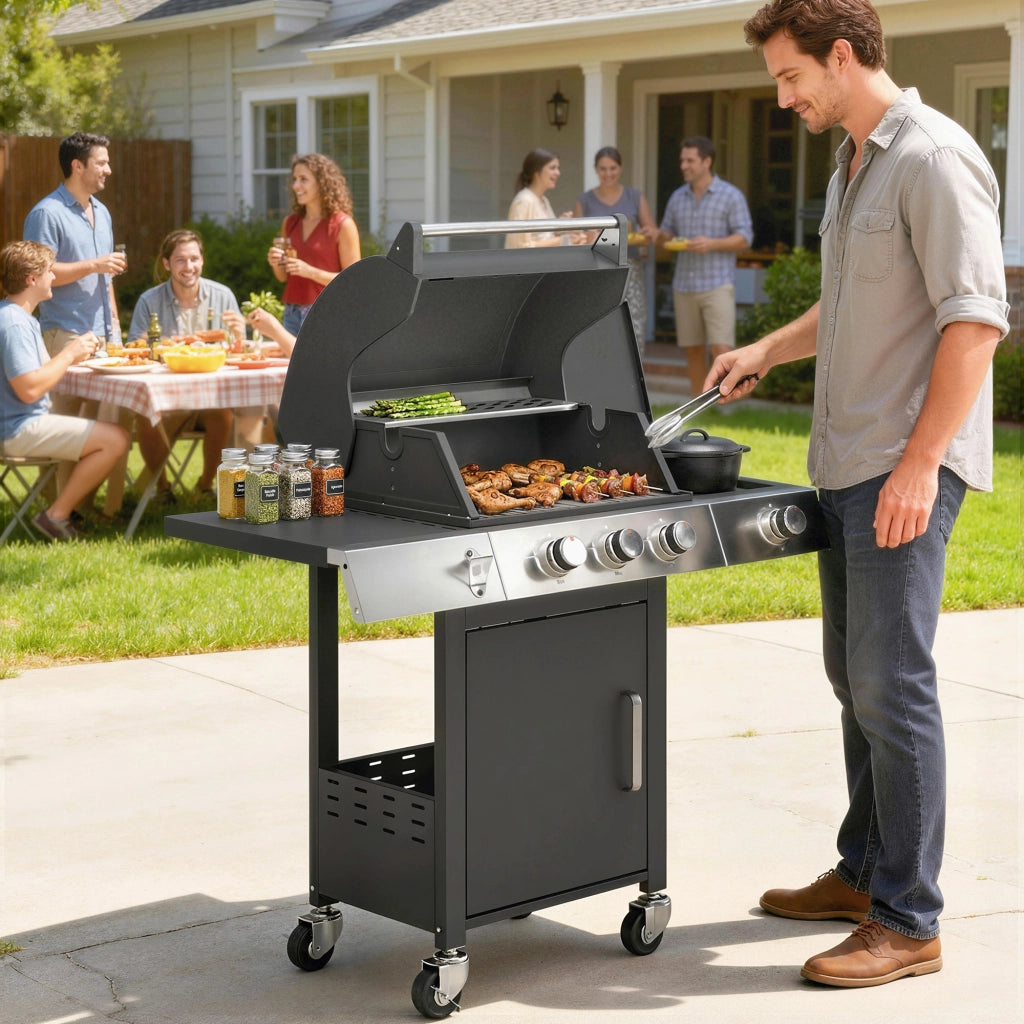 Barbecue a Gas con 3 Fuochi e Bruciatore Laterale, 109x50x109 cm, Nero