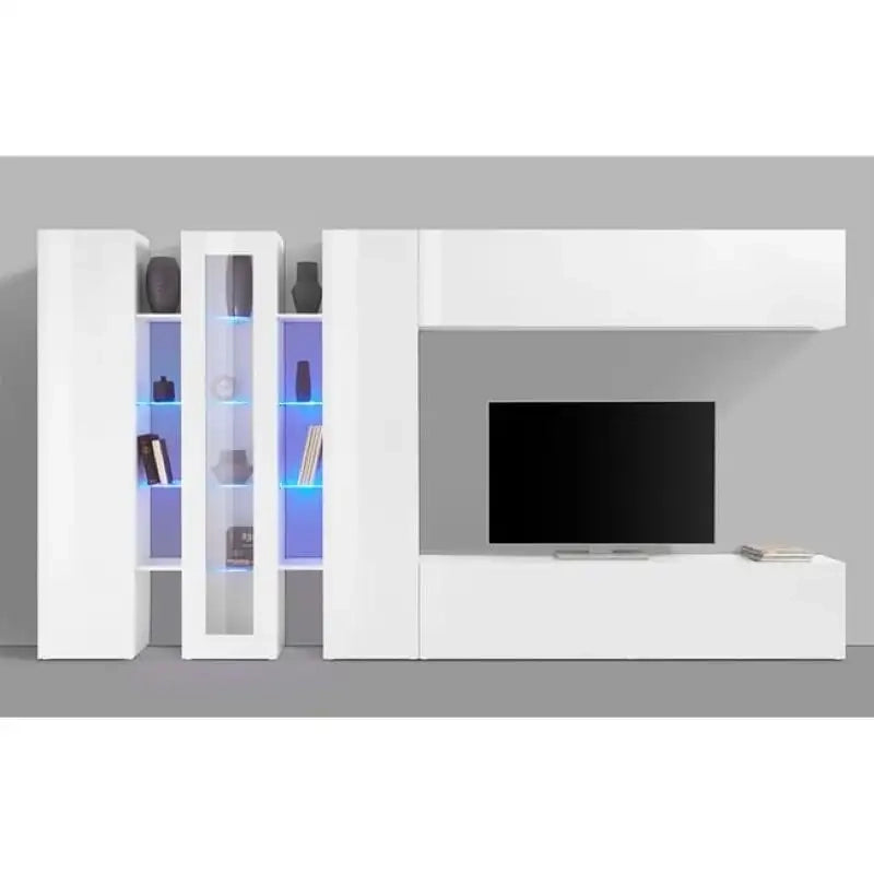 Parete attrezzata bianco lucido mobile TV vetrina 2 colonne pensile Joy Wide