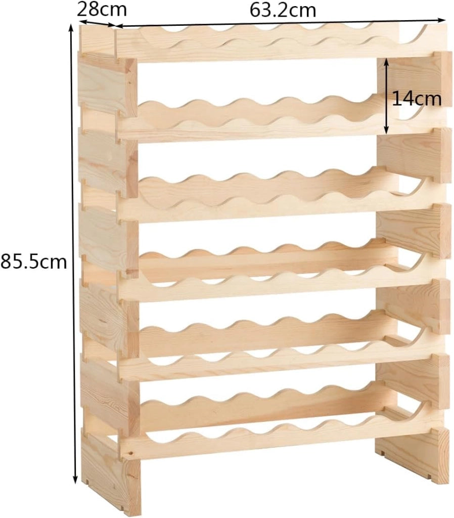 6 Livelli di Portabottiglie per 36 Bottiglie, Portabottiglie in Legno di Pino Massiccio, Portabottiglie Impilabile per Cucina, Cantina, Ripostiglio