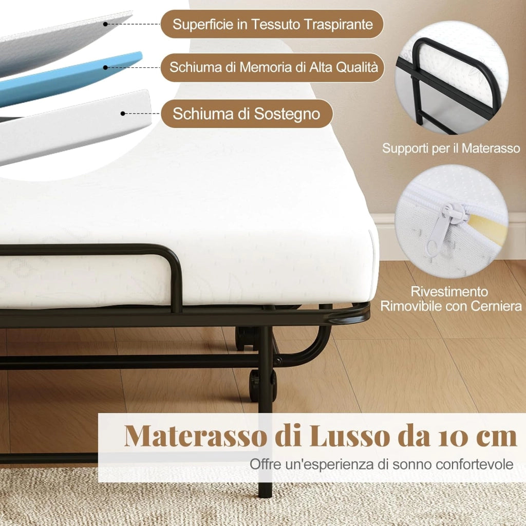 Brandina Pieghevole con Materasso, Letto Portatile per Ospiti con Telaio in Metallo Resistente, Letto Singolo con Ruote Bloccabili, 194x90 cm, Carico 220 kg